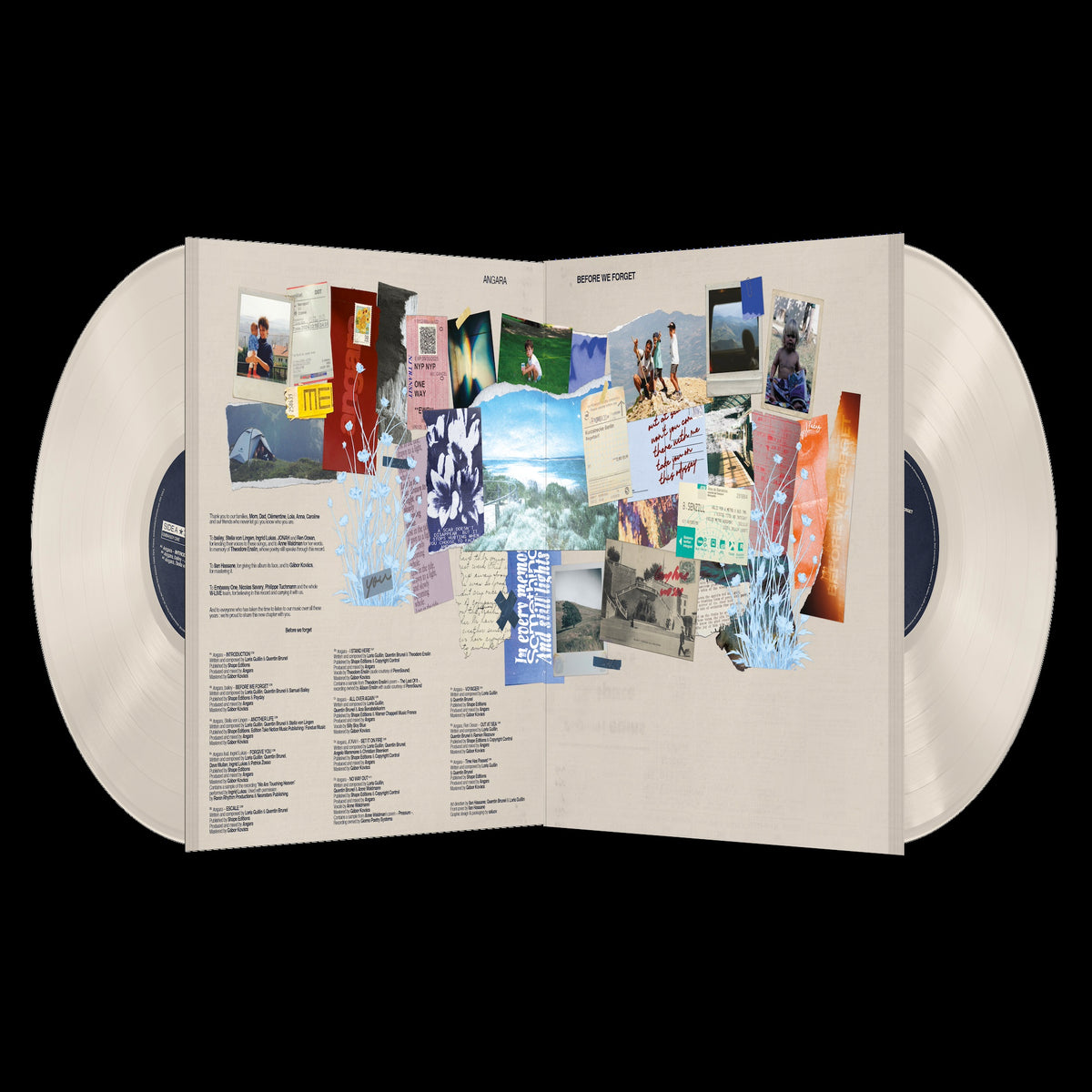 Angara – Before We Forget, 2LP: aufgeklapptes Gatefold-Cover mit Collage und Credits